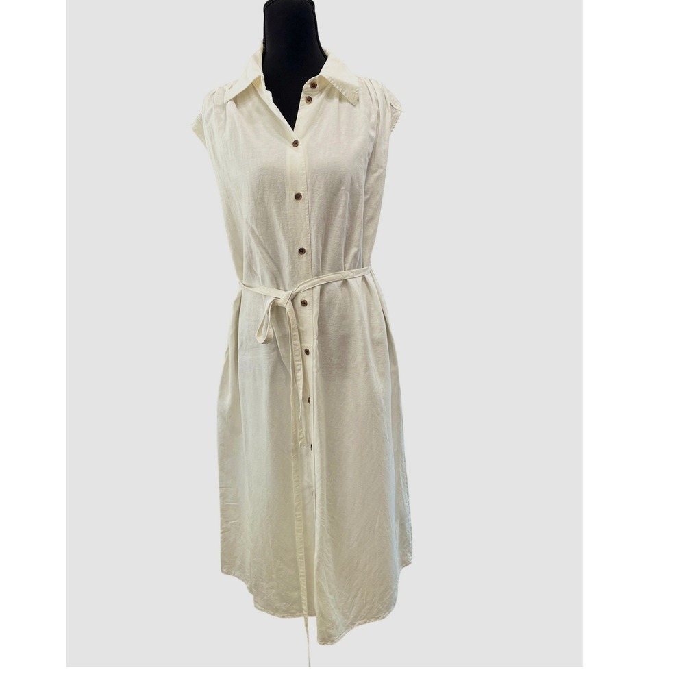 H&M Shirt Dress Womens Medium M Off White Linen Blend Sleeveless Midi Button Up - Picture 1 of 10